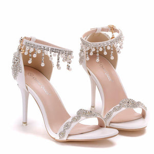 Crystal Queen Summer Sandals White Bridal Dress Shoes Peep Toes Wedding Women Shoes High Heels Rhinestone Ankle Straps