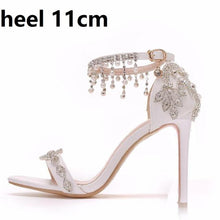 Load image into Gallery viewer, Crystal Queen Summer Sandals White Bridal Dress Shoes Peep Toes Wedding Women Shoes High Heels Rhinestone Ankle Straps