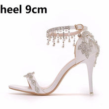 Load image into Gallery viewer, Crystal Queen Summer Sandals White Bridal Dress Shoes Peep Toes Wedding Women Shoes High Heels Rhinestone Ankle Straps