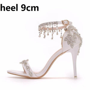 Crystal Queen Summer Sandals White Bridal Dress Shoes Peep Toes Wedding Women Shoes High Heels Rhinestone Ankle Straps