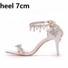 Load image into Gallery viewer, Crystal Queen Summer Sandals White Bridal Dress Shoes Peep Toes Wedding Women Shoes High Heels Rhinestone Ankle Straps