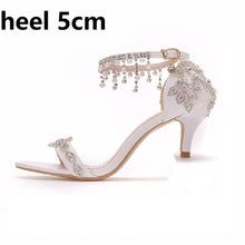 Load image into Gallery viewer, Crystal Queen Summer Sandals White Bridal Dress Shoes Peep Toes Wedding Women Shoes High Heels Rhinestone Ankle Straps