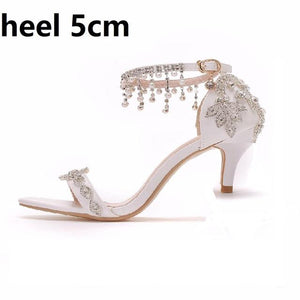 Crystal Queen Summer Sandals White Bridal Dress Shoes Peep Toes Wedding Women Shoes High Heels Rhinestone Ankle Straps