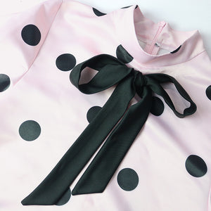 Women Pink Dress Polka Dot with Bowtie Lovely Loose Princess Party Ruffles Patchwork Short Sleeve African Female Cute Vestidos