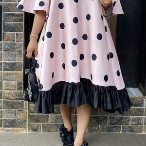 Women Pink Dress Polka Dot with Bowtie Lovely Loose Princess Party Ruffles Patchwork Short Sleeve African Female Cute Vestidos