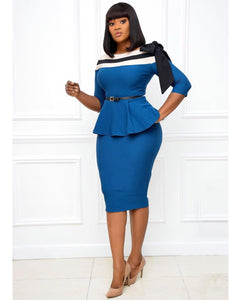 Women Elegant Dresses Slim Half Sleeves Peplum Patchwork Office Ladies Work Wear Vestidos African Femme Modest Package Hip Robes