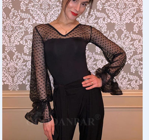 2020 Sexy Women ballroom Dance Tops Shirts Long-Sleeved Clothes Flamenco Blouses Standard Modern Practise Dancewear Black  V