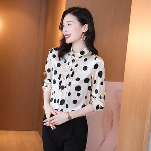 19 Mm Stretch Satin Silk Shirt Blouse 2020 Women's Long Sleeve Fashion Wave Point Natural Mulberry Silk Tops