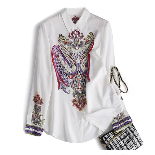 Silviye Vintage printed silk white Long Sleeve Shirt women's silk loose top new shirt in summer 2020