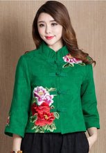 Load image into Gallery viewer, Autumn Chinese Female cotton linen Tang Suit style Tops Vintage embroidered flower Women blouse Traditional Chinese Clothes top