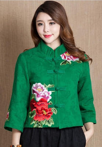 Autumn Chinese Female cotton linen Tang Suit style Tops Vintage embroidered flower Women blouse Traditional Chinese Clothes top