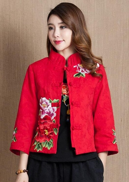 Autumn Chinese Female cotton linen Tang Suit style Tops Vintage embroidered flower Women blouse Traditional Chinese Clothes top