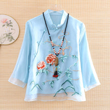 Load image into Gallery viewer, High-end Summer Chinese Style Embroidery Peony Organza Blouse Shirt Women Fashion Elegant Loose Lady Shirt Top S-XXL