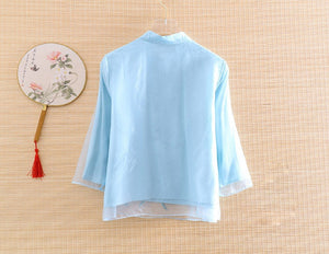 High-end Summer Chinese Style Embroidery Peony Organza Blouse Shirt Women Fashion Elegant Loose Lady Shirt Top S-XXL