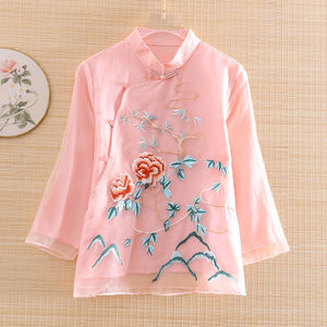 High-end Summer Chinese Style Embroidery Peony Organza Blouse Shirt Women Fashion Elegant Loose Lady Shirt Top S-XXL