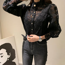 Load image into Gallery viewer, Spring Women Pullovers Blouse Shirt Ladies Sexy Crochet Lace Hollow Out Puff Sleeves Ruffles Stand Neck Tops Blusas Femininas