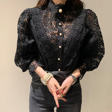 Load image into Gallery viewer, Spring Women Pullovers Blouse Shirt Ladies Sexy Crochet Lace Hollow Out Puff Sleeves Ruffles Stand Neck Tops Blusas Femininas