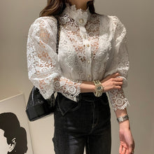 Load image into Gallery viewer, Spring Women Pullovers Blouse Shirt Ladies Sexy Crochet Lace Hollow Out Puff Sleeves Ruffles Stand Neck Tops Blusas Femininas