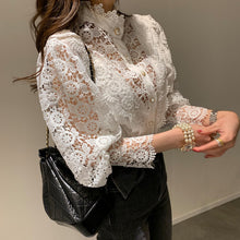 Load image into Gallery viewer, Spring Women Pullovers Blouse Shirt Ladies Sexy Crochet Lace Hollow Out Puff Sleeves Ruffles Stand Neck Tops Blusas Femininas