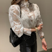 Load image into Gallery viewer, Spring Women Pullovers Blouse Shirt Ladies Sexy Crochet Lace Hollow Out Puff Sleeves Ruffles Stand Neck Tops Blusas Femininas