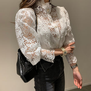 Spring Women Pullovers Blouse Shirt Ladies Sexy Crochet Lace Hollow Out Puff Sleeves Ruffles Stand Neck Tops Blusas Femininas