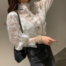 Load image into Gallery viewer, Spring Women Pullovers Blouse Shirt Ladies Sexy Crochet Lace Hollow Out Puff Sleeves Ruffles Stand Neck Tops Blusas Femininas