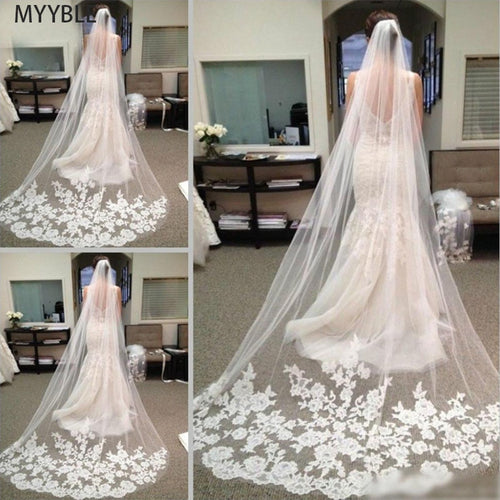 MYYBLE 2021Wholesale 3M 5M One Layer Lace Edge White Ivory Catherdal Wedding Veil Long Bridal Veil Cheap Wedding Accessories Veu