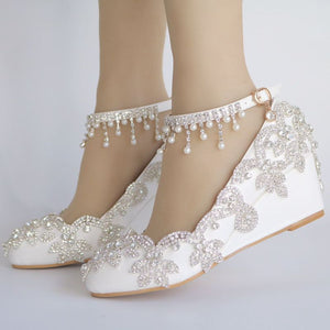 Luxury crystal 5cm wedges heel womens wedding shoes bride NQ168 ankle straps ladies bridal white wedged heels party pumps