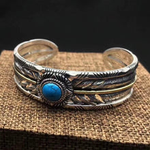 Load image into Gallery viewer, 925 sterling Silver color Hollow out Ethnic Indian Style Thai silver color Inlaid Turquoise Feather Bracelet Bangle Jewelry