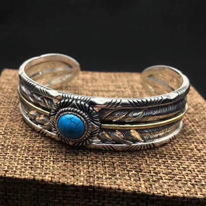 925 sterling Silver color Hollow out Ethnic Indian Style Thai silver color Inlaid Turquoise Feather Bracelet Bangle Jewelry