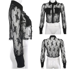 Load image into Gallery viewer, lessverge Sexy Mesh Transparent Lace Blouse Shirt Women Long Sleeve Vintage Black Blouses tops Elegant Office Ladies Blouses