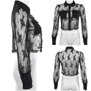 lessverge Sexy Mesh Transparent Lace Blouse Shirt Women Long Sleeve Vintage Black Blouses tops Elegant Office Ladies Blouses