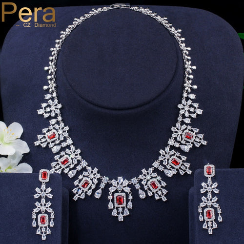 Pera African Large Long Hanging Drop Earrings and Necklaces Luxury Red Cubic Zirconia Women Jewelry Sets for Wedding Party J286