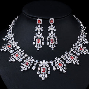 Pera African Large Long Hanging Drop Earrings and Necklaces Luxury Red Cubic Zirconia Women Jewelry Sets for Wedding Party J286