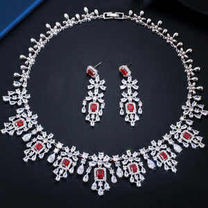 Pera African Large Long Hanging Drop Earrings and Necklaces Luxury Red Cubic Zirconia Women Jewelry Sets for Wedding Party J286