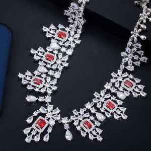 Pera African Large Long Hanging Drop Earrings and Necklaces Luxury Red Cubic Zirconia Women Jewelry Sets for Wedding Party J286