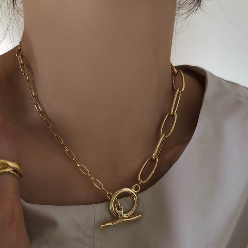 Peri'sBox Gold Mixed PaperClip Chain Necklaces Toggle Clasp Circle Necklaces for Women Bar Minimalist Necklace 2020 Hot  Jewelry