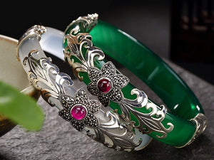 925 Sterling Thai Silver Mosaic Handmade Craft Chalcedony Bangles Zircon Luxury Ethnic Vintage Bangle Fine Jewelry Women Gift