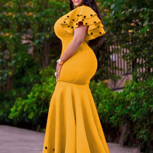 Elegant Yellow Beading Evening Party Dress Women Sexy Ruffle Sleeve High Waist Maxi Long Mermaid Robe Plus Size Formal Gown