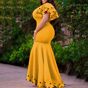 Elegant Yellow Beading Evening Party Dress Women Sexy Ruffle Sleeve High Waist Maxi Long Mermaid Robe Plus Size Formal Gown