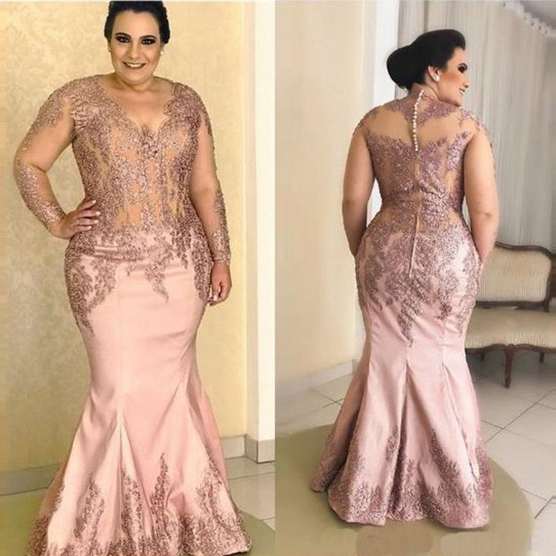 Plus Size Dusty Pink Prom Gown Lace V Neck robe de soiree longue Sexy Evening Gowns Long Formal Dresses vestido de festa longo