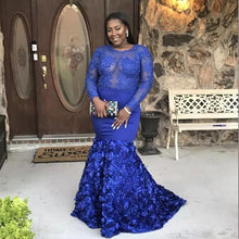 Load image into Gallery viewer, Plus Size Royal Blue Mermaid Prom Gowns Long Sleeve 3D Rose Flower Train Africa Women Formal Dress 2020 Evening Party Wear