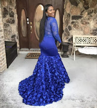 Load image into Gallery viewer, Plus Size Royal Blue Mermaid Prom Gowns Long Sleeve 3D Rose Flower Train Africa Women Formal Dress 2020 Evening Party Wear