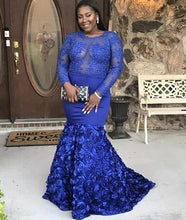 Load image into Gallery viewer, Plus Size Royal Blue Mermaid Prom Gowns Long Sleeve 3D Rose Flower Train Africa Women Formal Dress 2020 Evening Party Wear