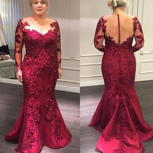 Cheap Red Mother Of The Bride Dresses Evening Appliques Beaded Plus Size O-neck Lace Long Sleeves Mermaid Gowns abito sposa