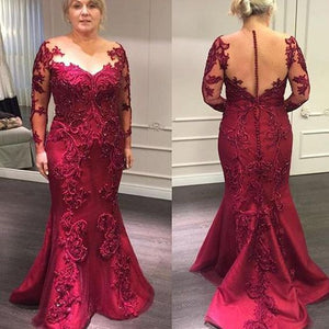 Cheap Red Mother Of The Bride Dresses Evening Appliques Beaded Plus Size O-neck Lace Long Sleeves Mermaid Gowns abito sposa