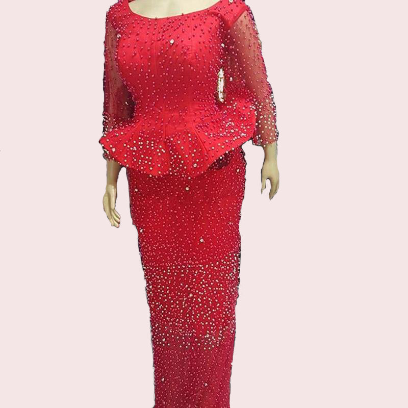 Special Design Pearls Red Evening Dresses Mermaid Long Sleeve Plus Size Evening Prom Party Gowns Formal Occasion Dresses