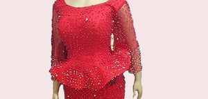 Special Design Pearls Red Evening Dresses Mermaid Long Sleeve Plus Size Evening Prom Party Gowns Formal Occasion Dresses