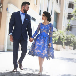 2020 Women Gala Party Dress Plus Size Arabic Muslim Royal Blue Long Sleeve Short Evening Prom Dresses Gown