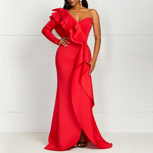 Party Queen Mermaid Dress For Women Dinner Gowns Sexy One Shoulder Red Ruffles Plus Size M-3XL Female Evening Long Dresses Maxi